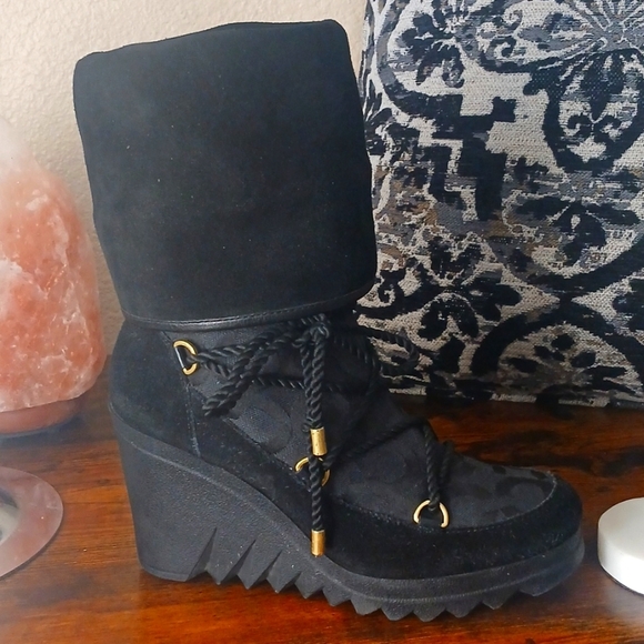Coach Black Lace Up Wedge Boots - Picture 14 of 16